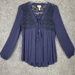 Knox Rose Boho Top Crochet Lace Long Sleeve Navy Lace Up Tassels Hi-Low